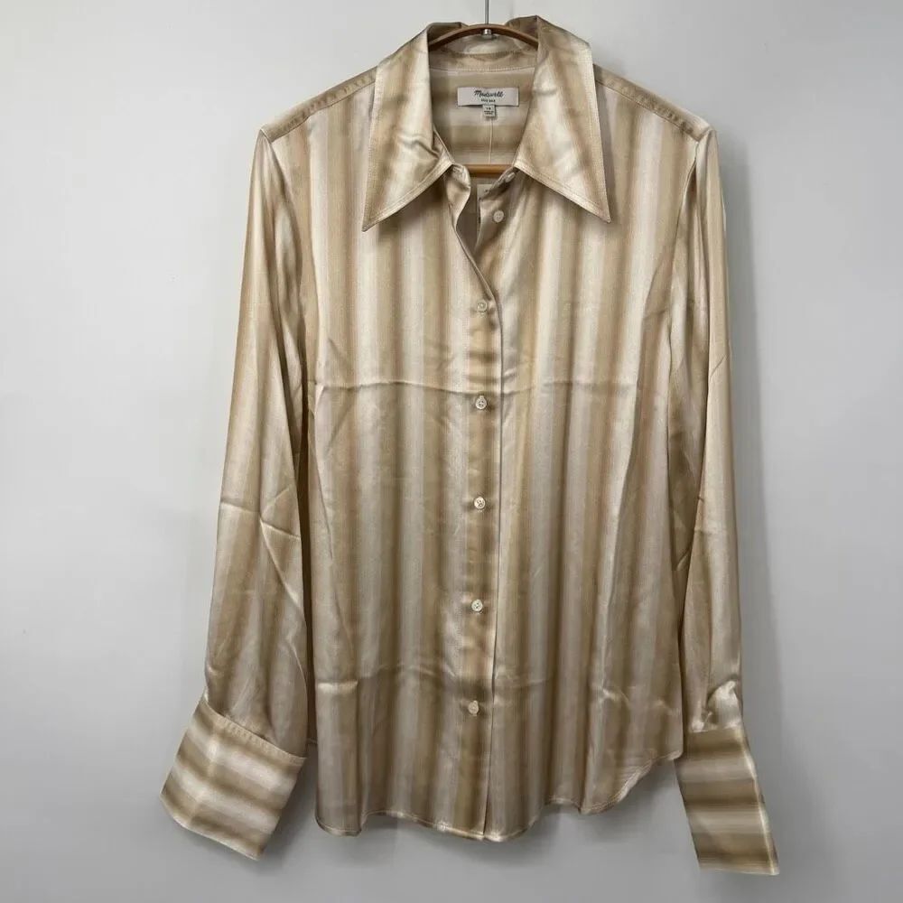 Madewell Tan White Striped Silk Satin Long Sleeve Button Up Shirt Size 10 NWT